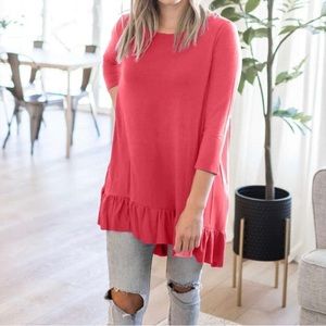 Zenana Womens Tunic Top, Loose Top, Oversized Ruffled Top, Loose Fit 3/4 Sleeve